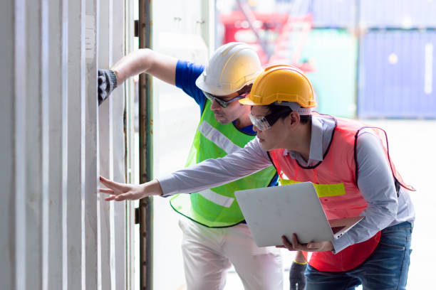 Engineer inspection and checking goods cargo container wall strength for safety according to international rule and Intermodal containers standard.